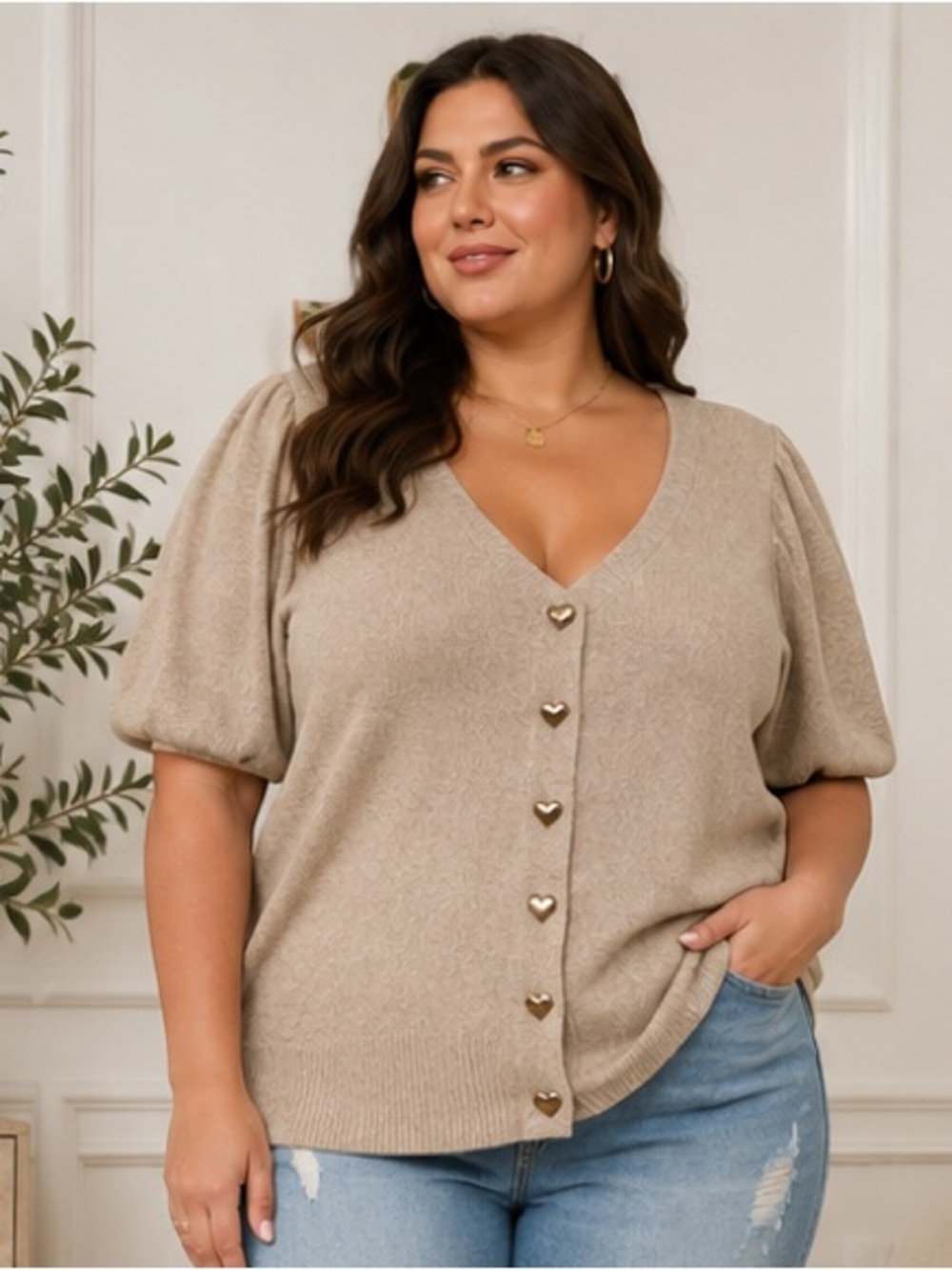 torrid Taupe Short Sleeve V-Neck Cardigan with Heart Buttons